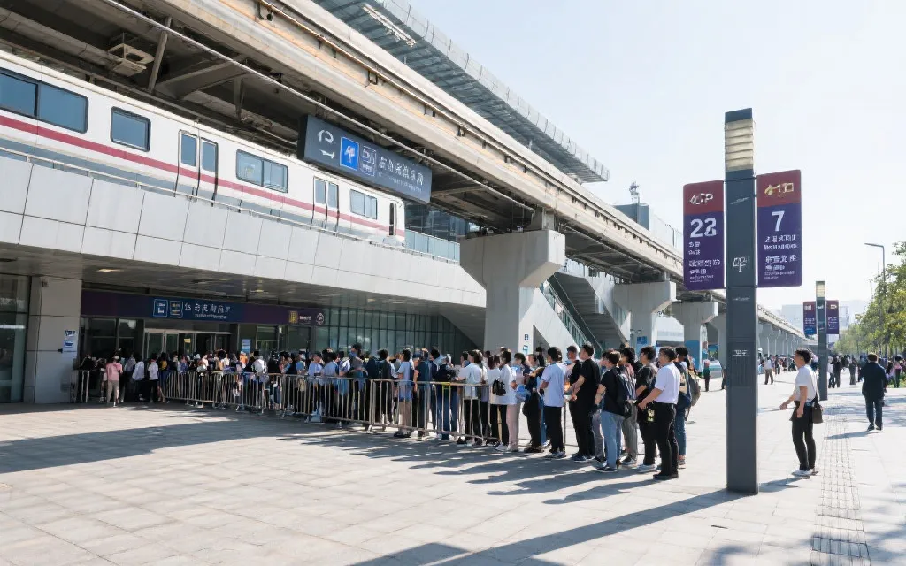 比赛日公共交通枢纽与步行街区，人流有序、导视清晰的城市运营场景