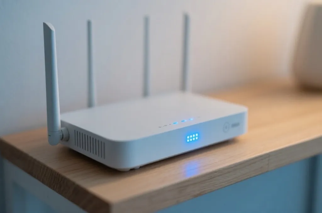 A sleek generic modern wireless router with glowing blue indicator lights on a minimalist wooden shelf